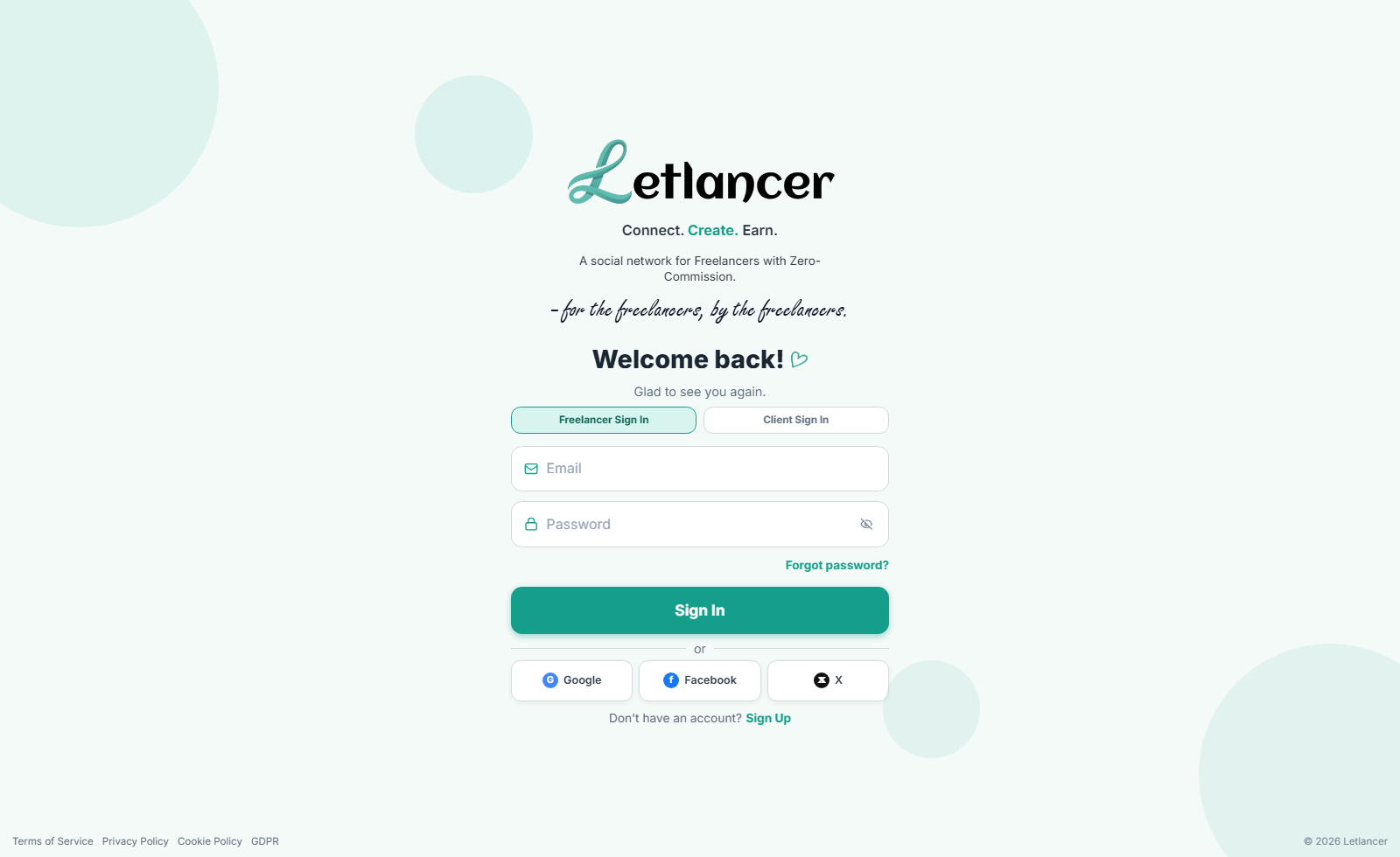 Freelancer sign in page